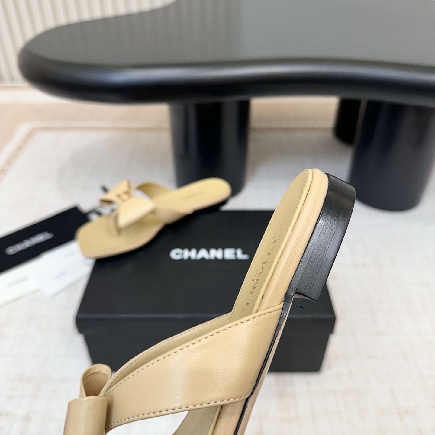 Chanel Double C Chain Ribbon Bow Toe-Post Flat Slippers in Suede and Lamb Leather Sole