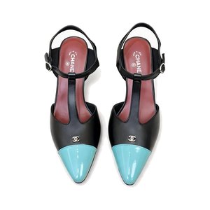 Chanel Two-Tone T-Strap Pointed High Heel Sandals in Lamb and Patent Leather with Italian Leather Sole