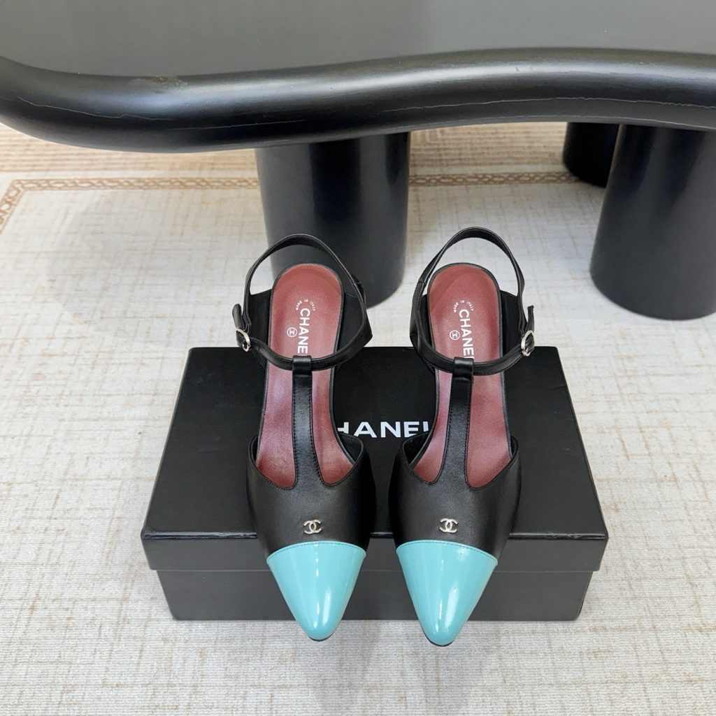Chanel Two-Tone T-Strap Pointed High Heel Sandals in Lamb and Patent Leather with Italian Leather Sole
