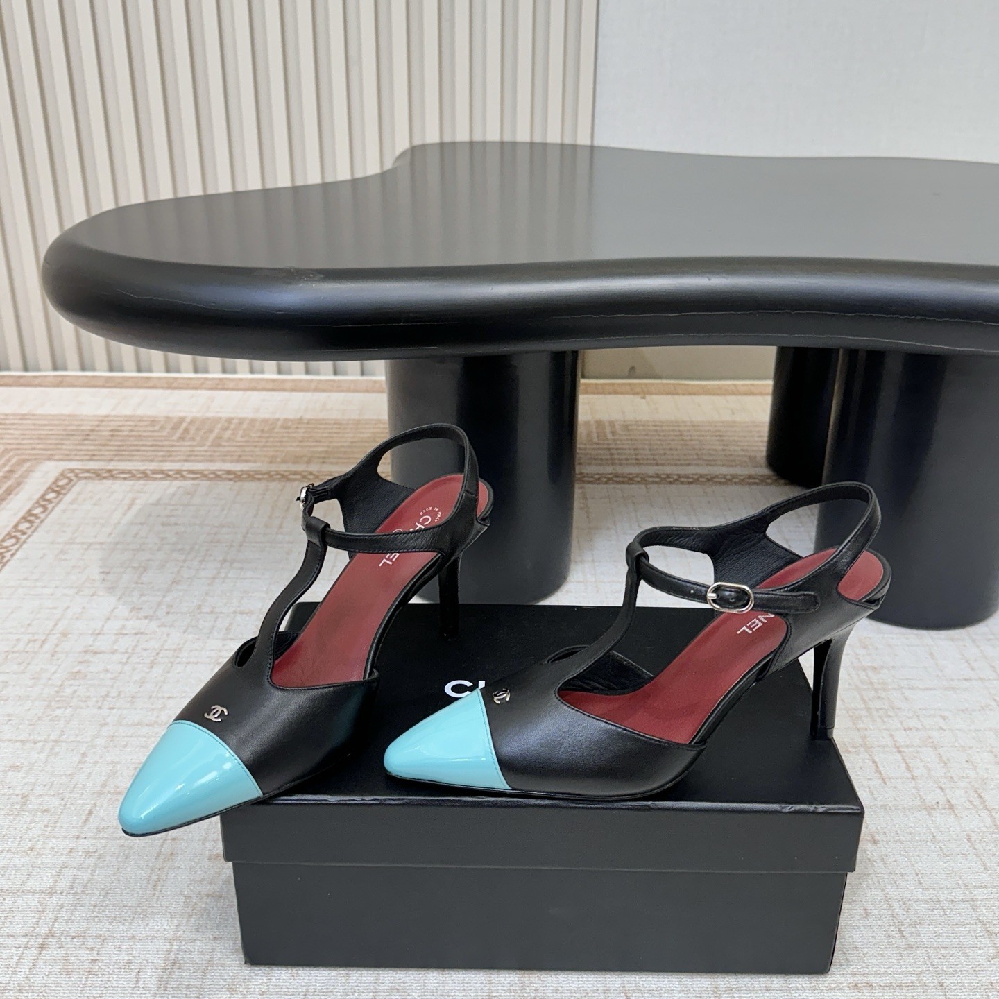 Chanel Two-Tone T-Strap Pointed High Heel Sandals in Lamb and Patent Leather with Italian Leather Sole