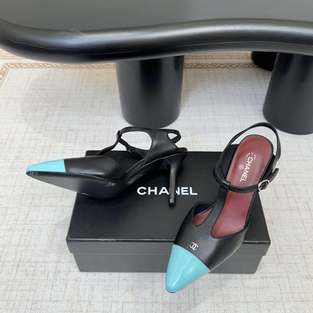 Chanel Two-Tone T-Strap Pointed High Heel Sandals in Lamb and Patent Leather with Italian Leather Sole
