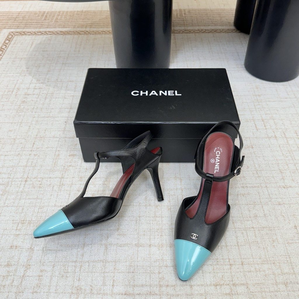 Chanel Two-Tone T-Strap Pointed High Heel Sandals in Lamb and Patent Leather with Italian Leather Sole