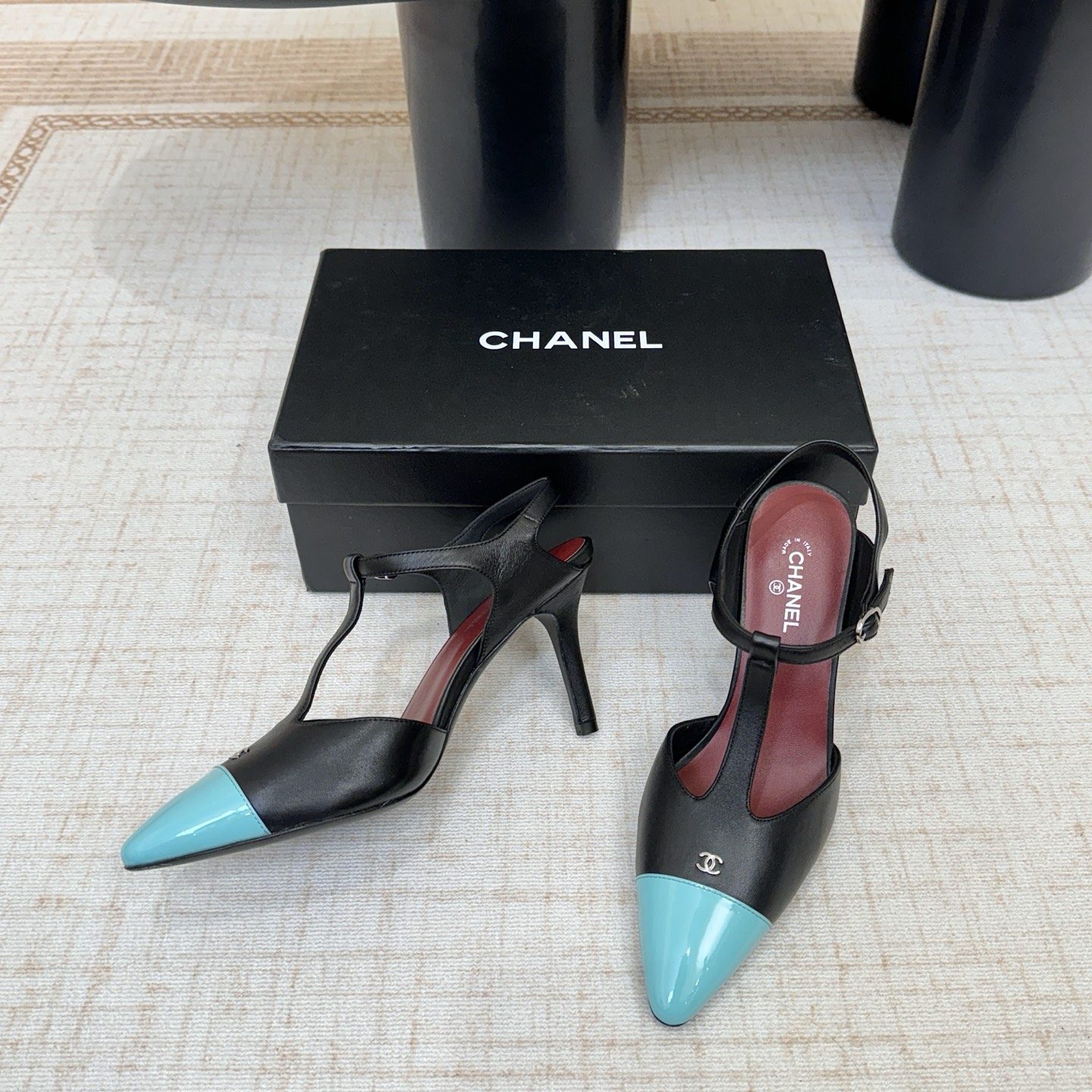 Chanel Two-Tone T-Strap Pointed High Heel Sandals in Lamb and Patent Leather with Italian Leather Sole