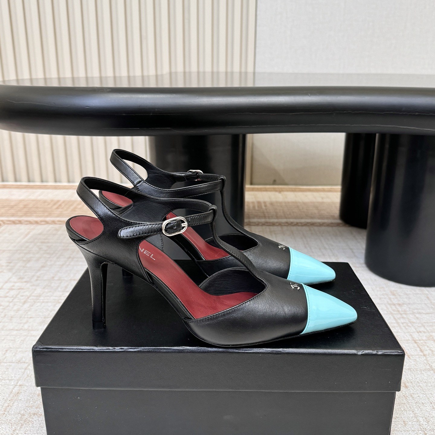 Chanel Two-Tone T-Strap Pointed High Heel Sandals in Lamb and Patent Leather with Italian Leather Sole