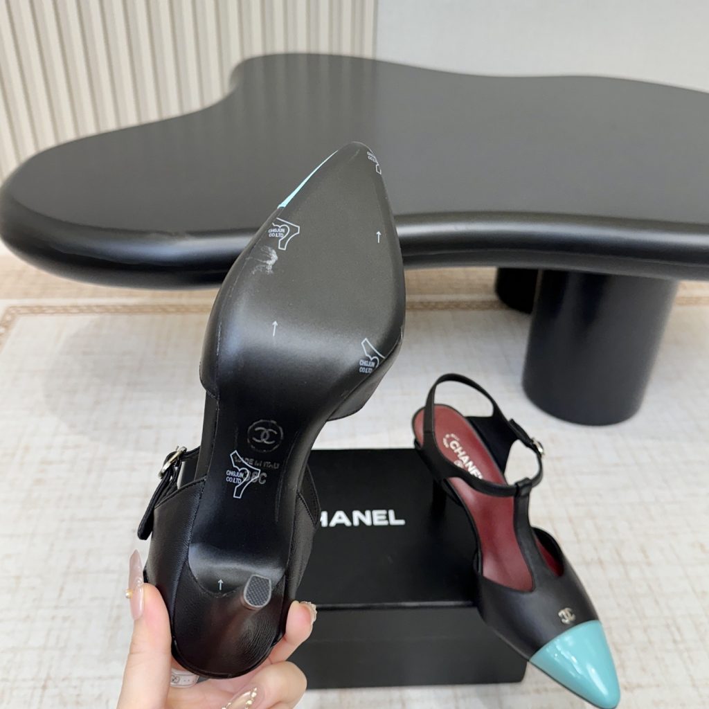 Chanel Two-Tone T-Strap Pointed High Heel Sandals in Lamb and Patent Leather with Italian Leather Sole