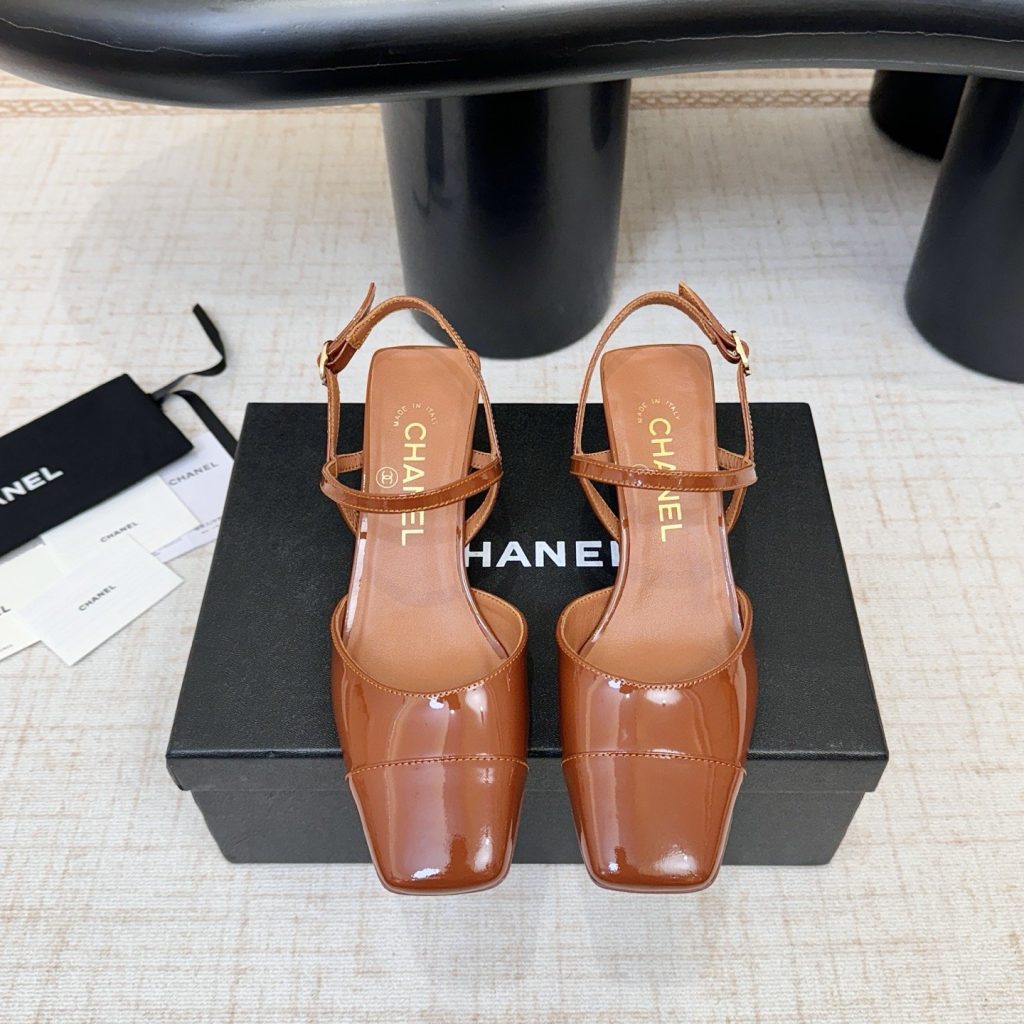 Chanel Square Toe Block Heel Sandals in Patent Calfskin with Italian Leather Sole