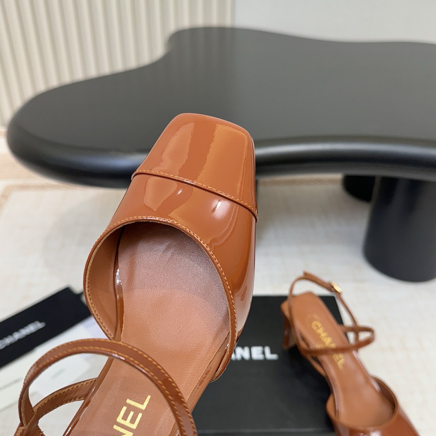 Chanel Square Toe Block Heel Sandals in Patent Calfskin with Italian Leather Sole