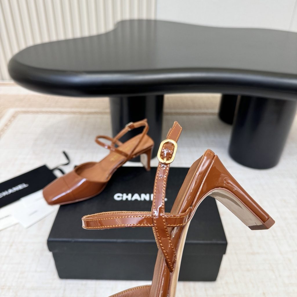 Chanel Square Toe Block Heel Sandals in Patent Calfskin with Italian Leather Sole