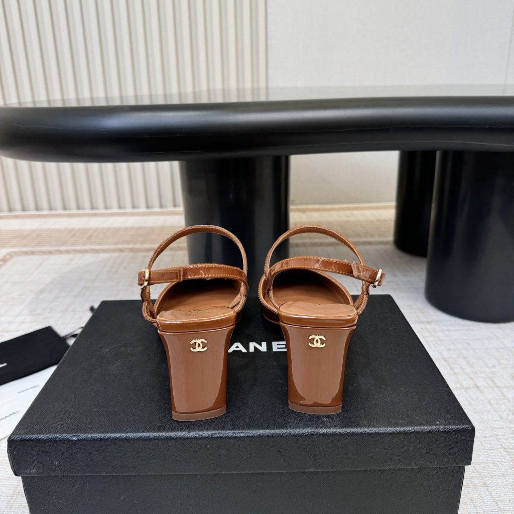 Chanel Square Toe Block Heel Sandals in Patent Calfskin with Italian Leather Sole
