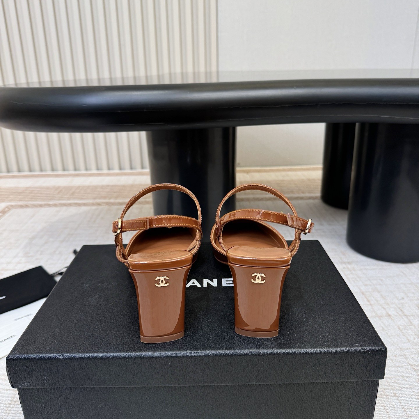 Chanel Square Toe Block Heel Sandals in Patent Calfskin with Italian Leather Sole