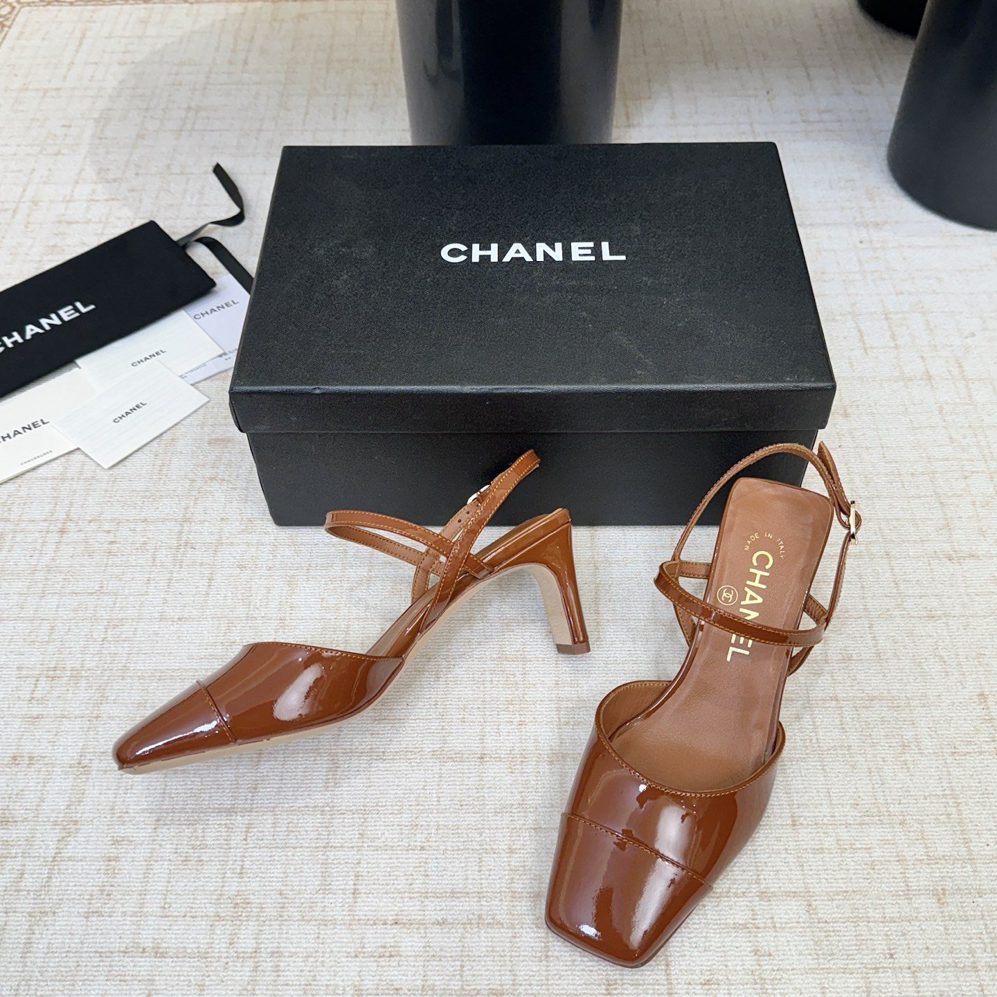Chanel Square Toe Block Heel Sandals in Patent Calfskin with Italian Leather Sole