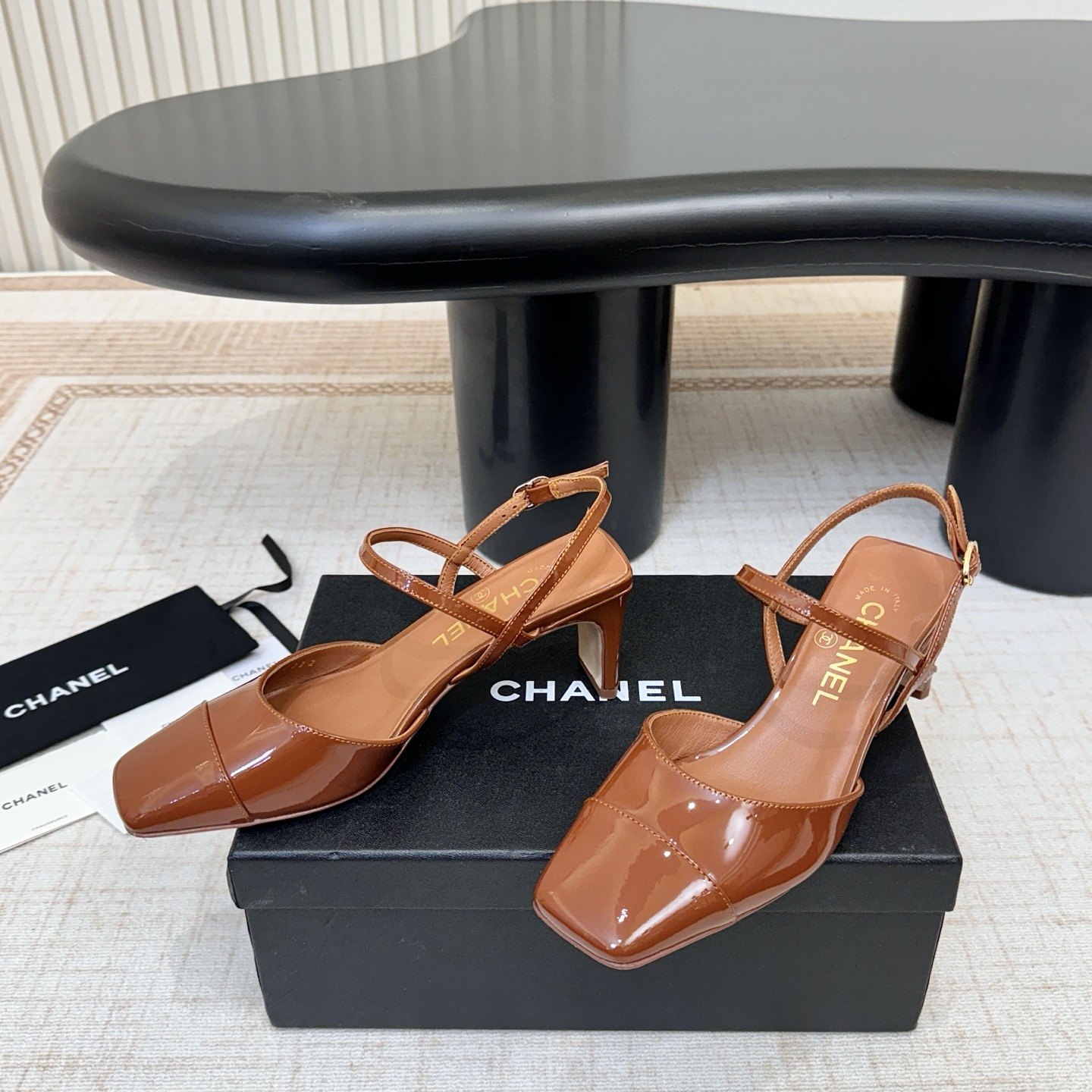 Chanel Square Toe Block Heel Sandals in Patent Calfskin with Italian Leather Sole