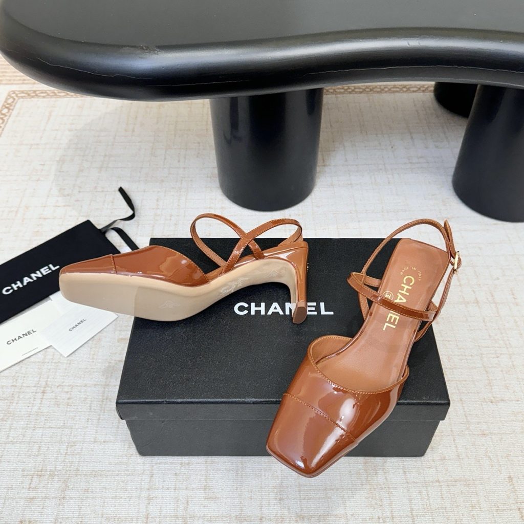 Chanel Square Toe Block Heel Sandals in Patent Calfskin with Italian Leather Sole