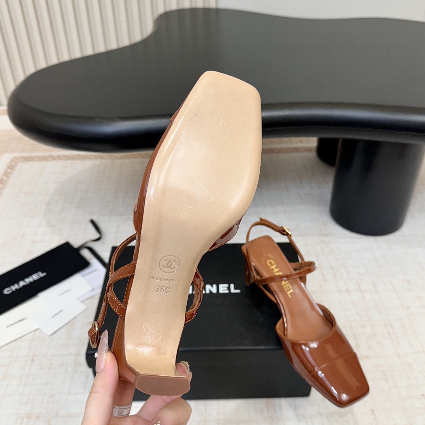 Chanel Square Toe Block Heel Sandals in Patent Calfskin with Italian Leather Sole