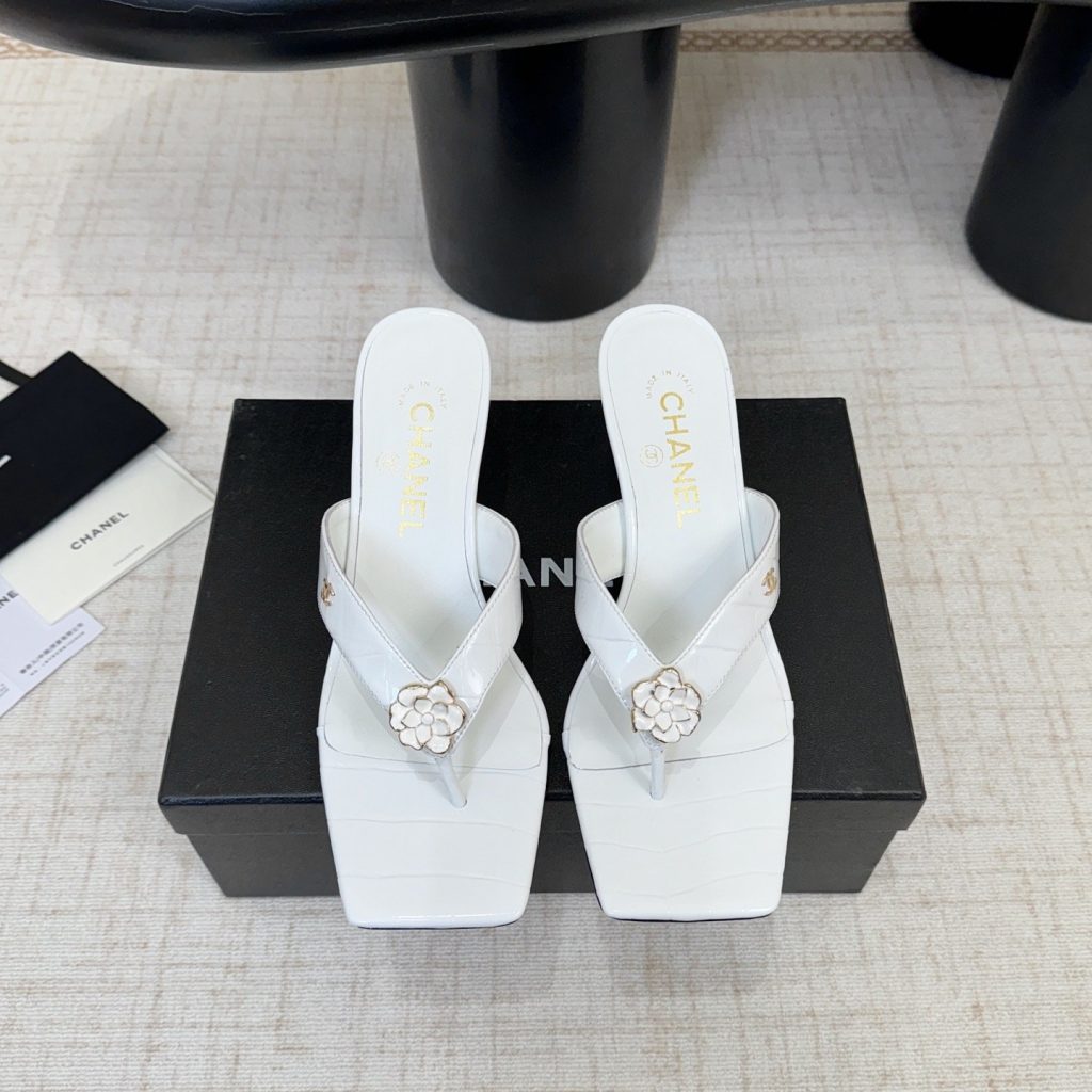 Chanel Camellia Square-Toe High-Heel Sandals Pebbled Calfskin Lambskin Lining Italian Leather Sole