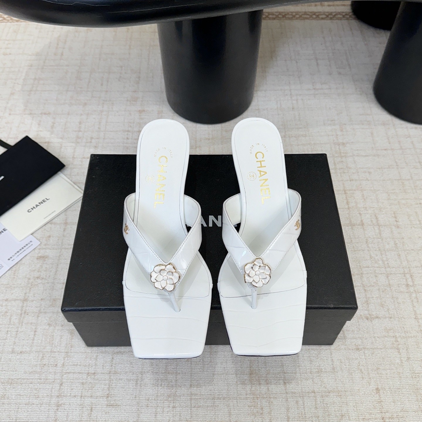 Chanel Camellia Square-Toe High-Heel Sandals Pebbled Calfskin Lambskin Lining Italian Leather Sole