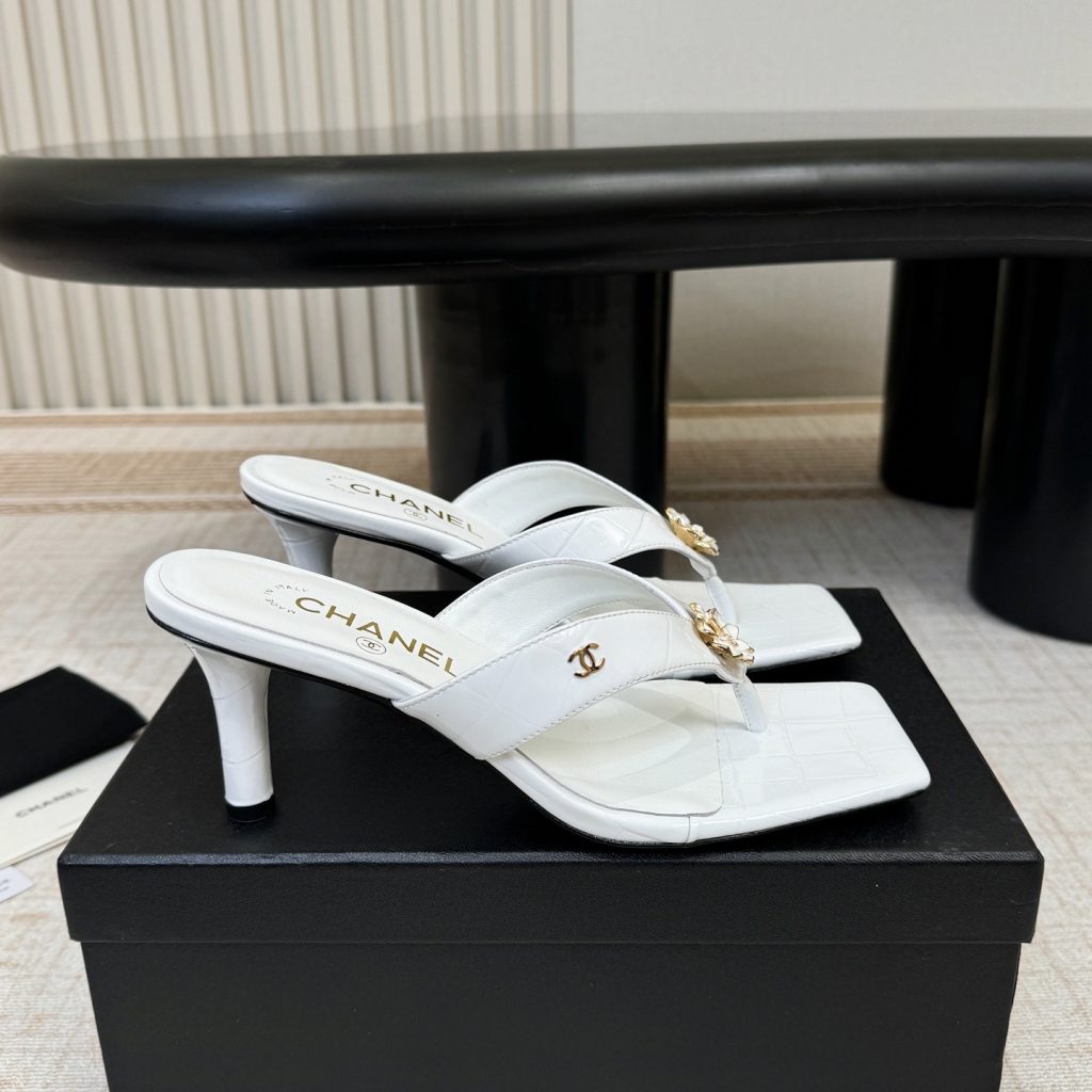 Chanel Camellia Square-Toe High-Heel Sandals Pebbled Calfskin Lambskin Lining Italian Leather Sole
