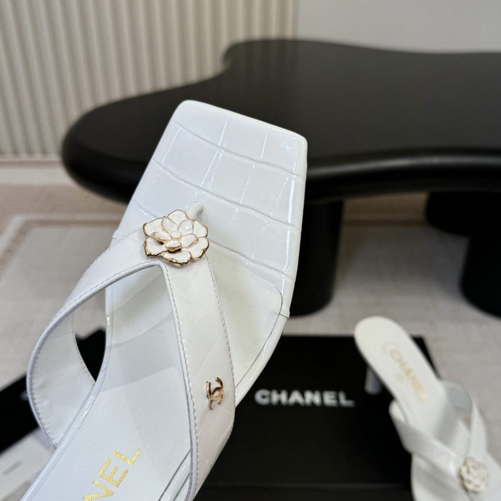 Chanel Camellia Square-Toe High-Heel Sandals Pebbled Calfskin Lambskin Lining Italian Leather Sole