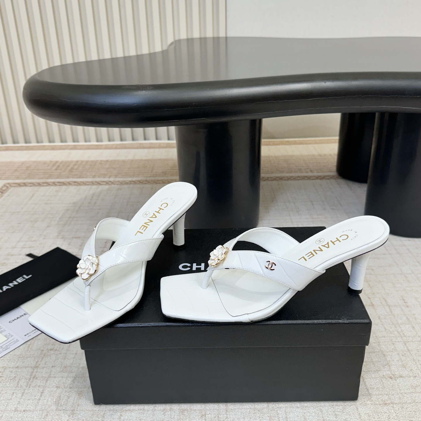 Chanel Camellia Square-Toe High-Heel Sandals Pebbled Calfskin Lambskin Lining Italian Leather Sole