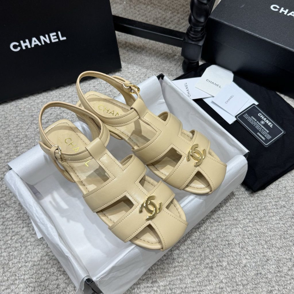Chanel Double C Logo Roman Flat Sandals Italian Calfskin Goatskin Lining Leather Sole