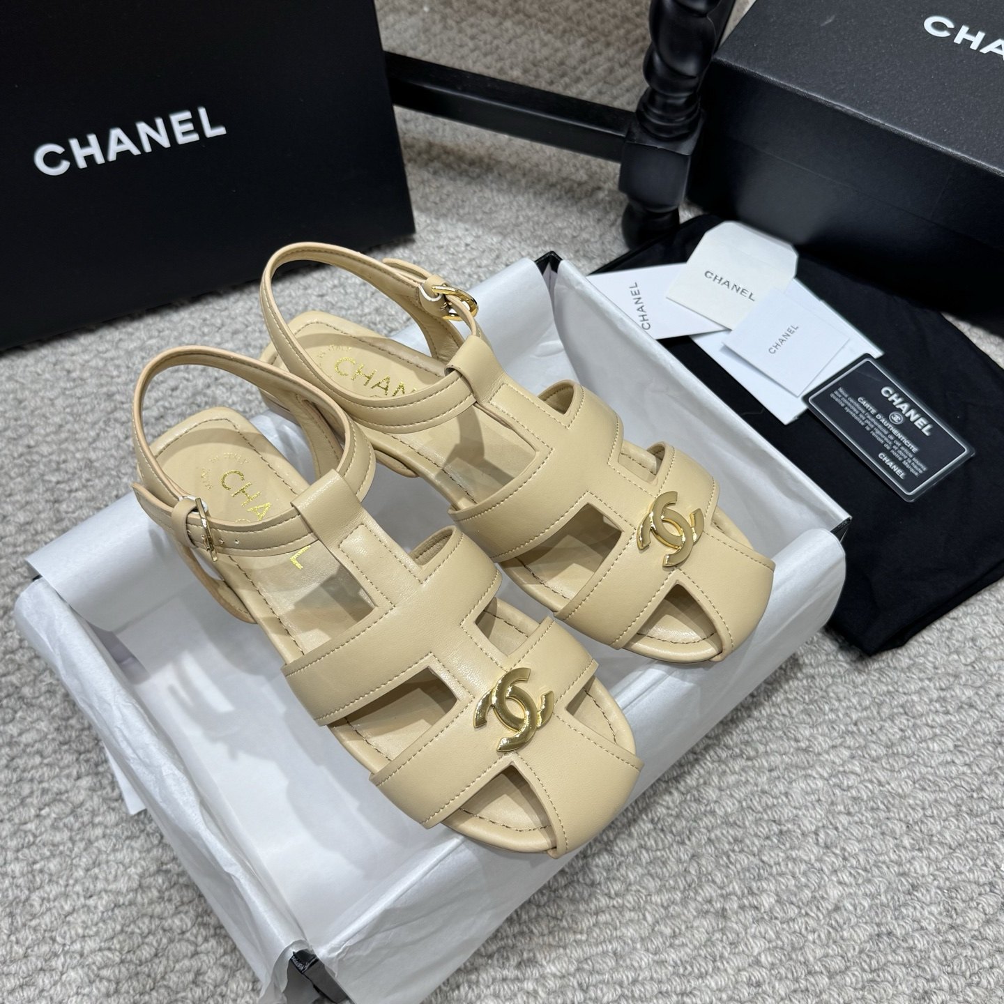Chanel Double C Logo Roman Flat Sandals Italian Calfskin Goatskin Lining Leather Sole