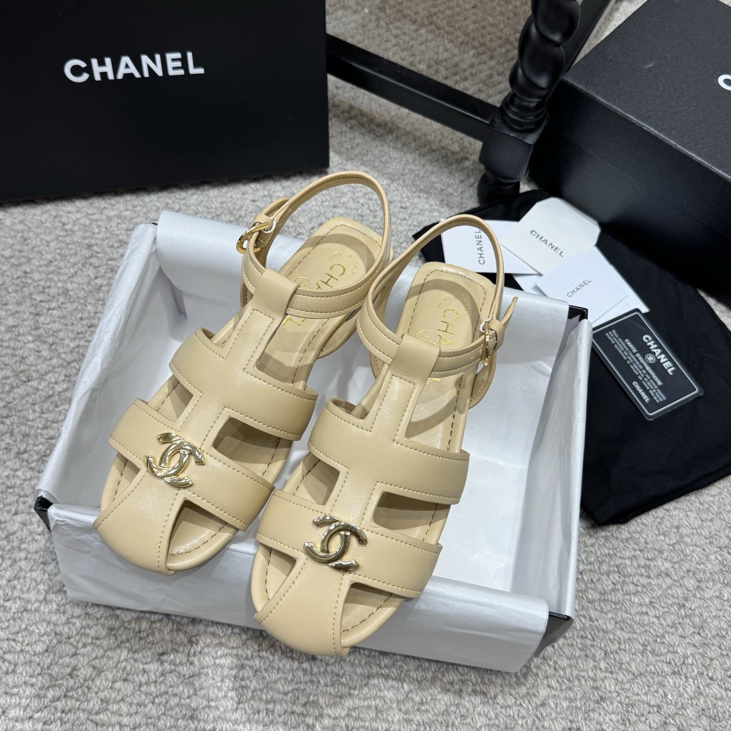 Chanel Double C Logo Roman Flat Sandals Italian Calfskin Goatskin Lining Leather Sole
