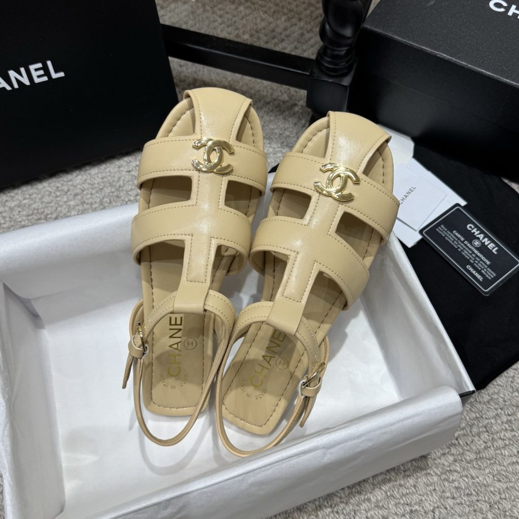Chanel Double C Logo Roman Flat Sandals Italian Calfskin Goatskin Lining Leather Sole