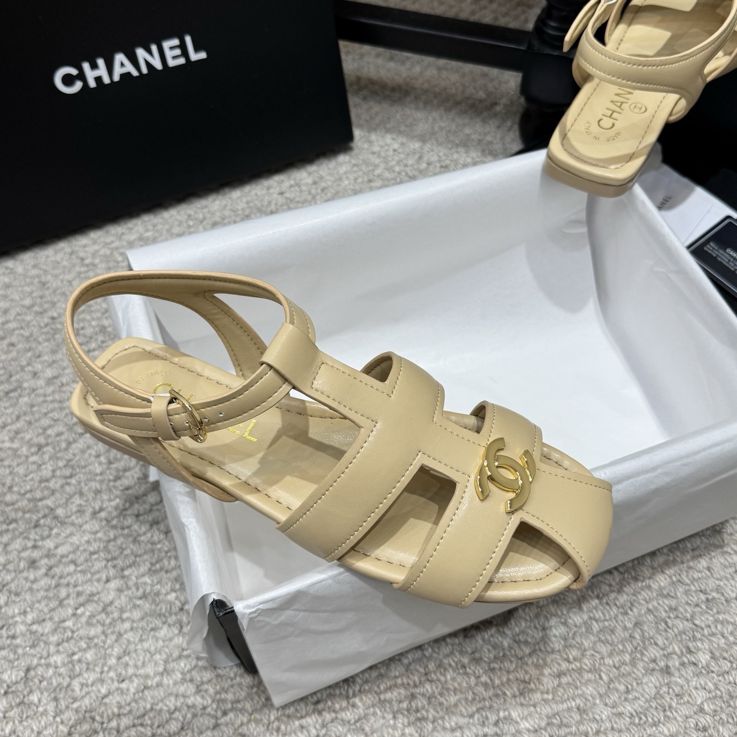 Chanel Double C Logo Roman Flat Sandals Italian Calfskin Goatskin Lining Leather Sole