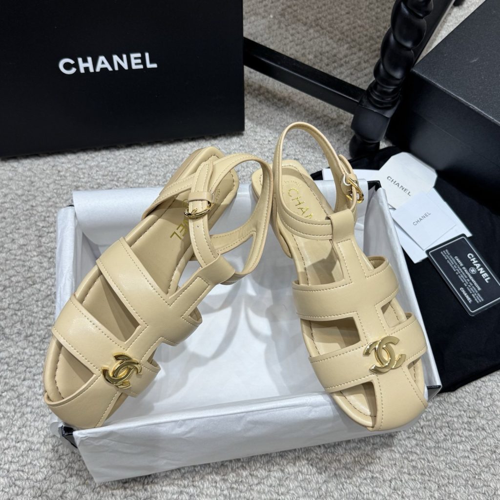 Chanel Double C Logo Roman Flat Sandals Italian Calfskin Goatskin Lining Leather Sole