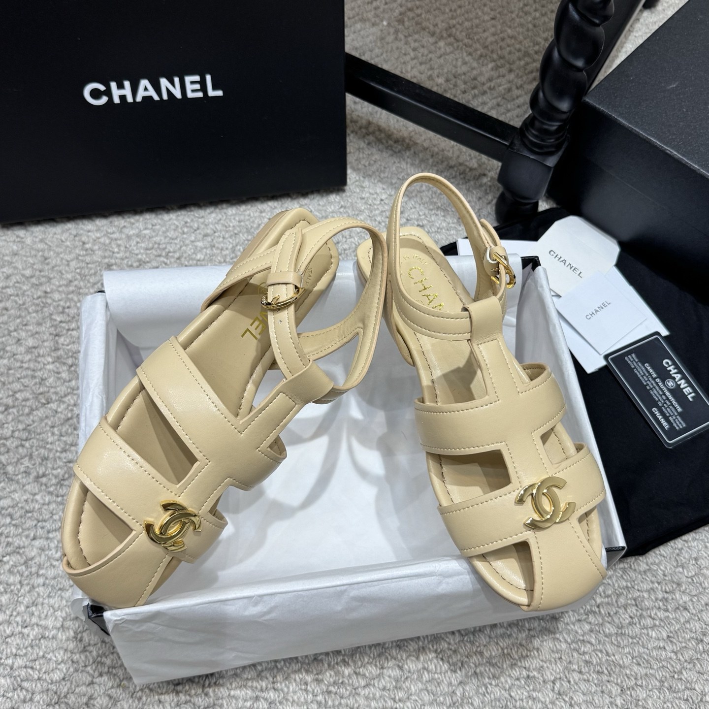 Chanel Double C Logo Roman Flat Sandals Italian Calfskin Goatskin Lining Leather Sole