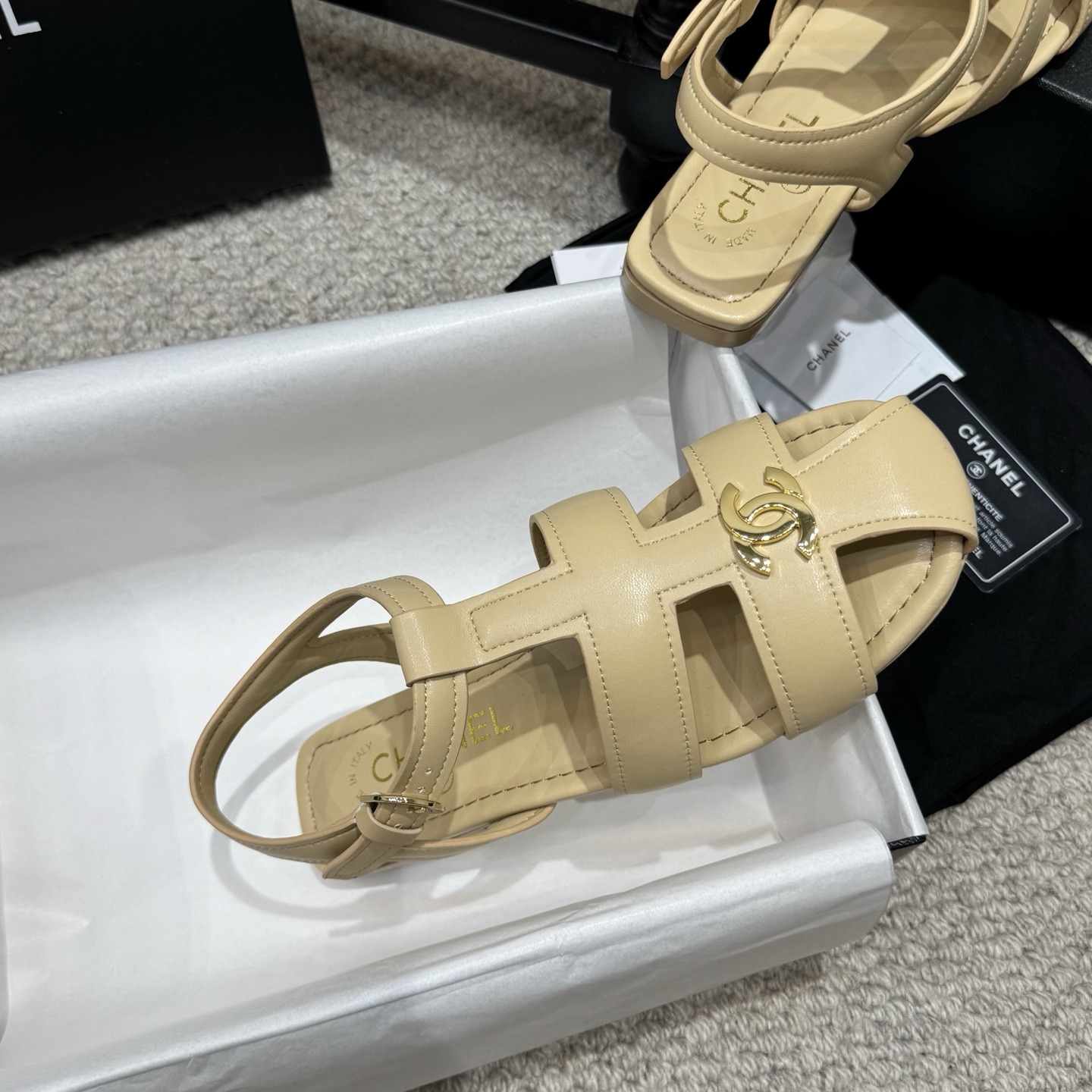 Chanel Double C Logo Roman Flat Sandals Italian Calfskin Goatskin Lining Leather Sole
