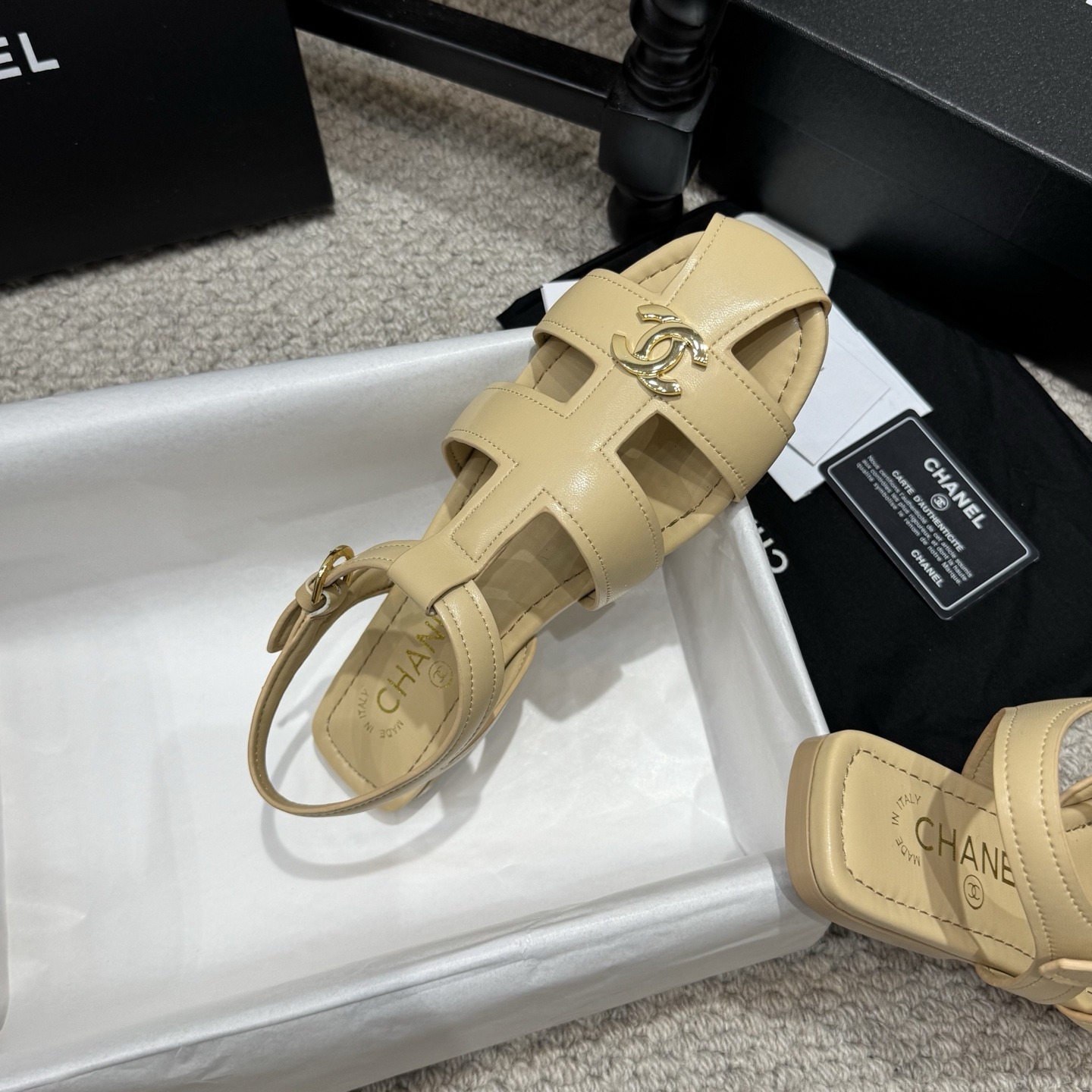 Chanel Double C Logo Roman Flat Sandals Italian Calfskin Goatskin Lining Leather Sole