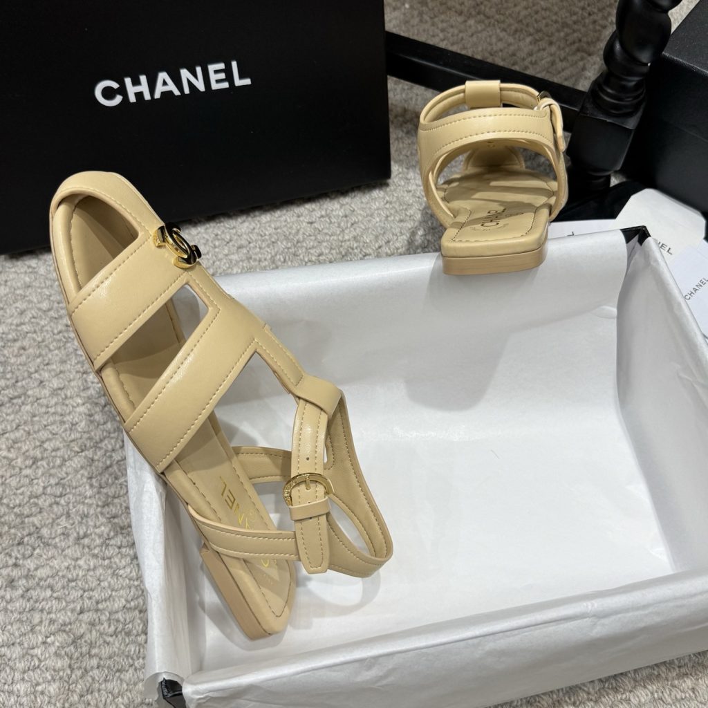 Chanel Double C Logo Roman Flat Sandals Italian Calfskin Goatskin Lining Leather Sole