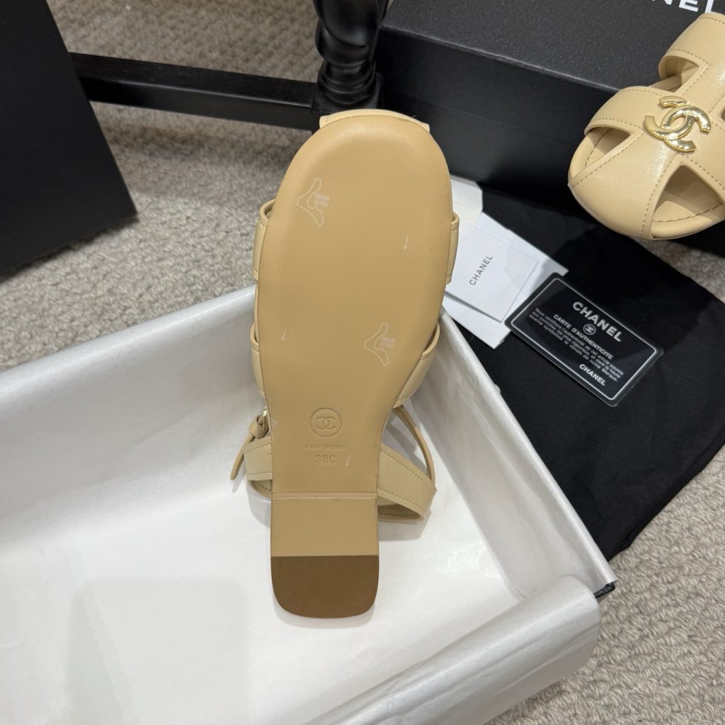Chanel Double C Logo Roman Flat Sandals Italian Calfskin Goatskin Lining Leather Sole