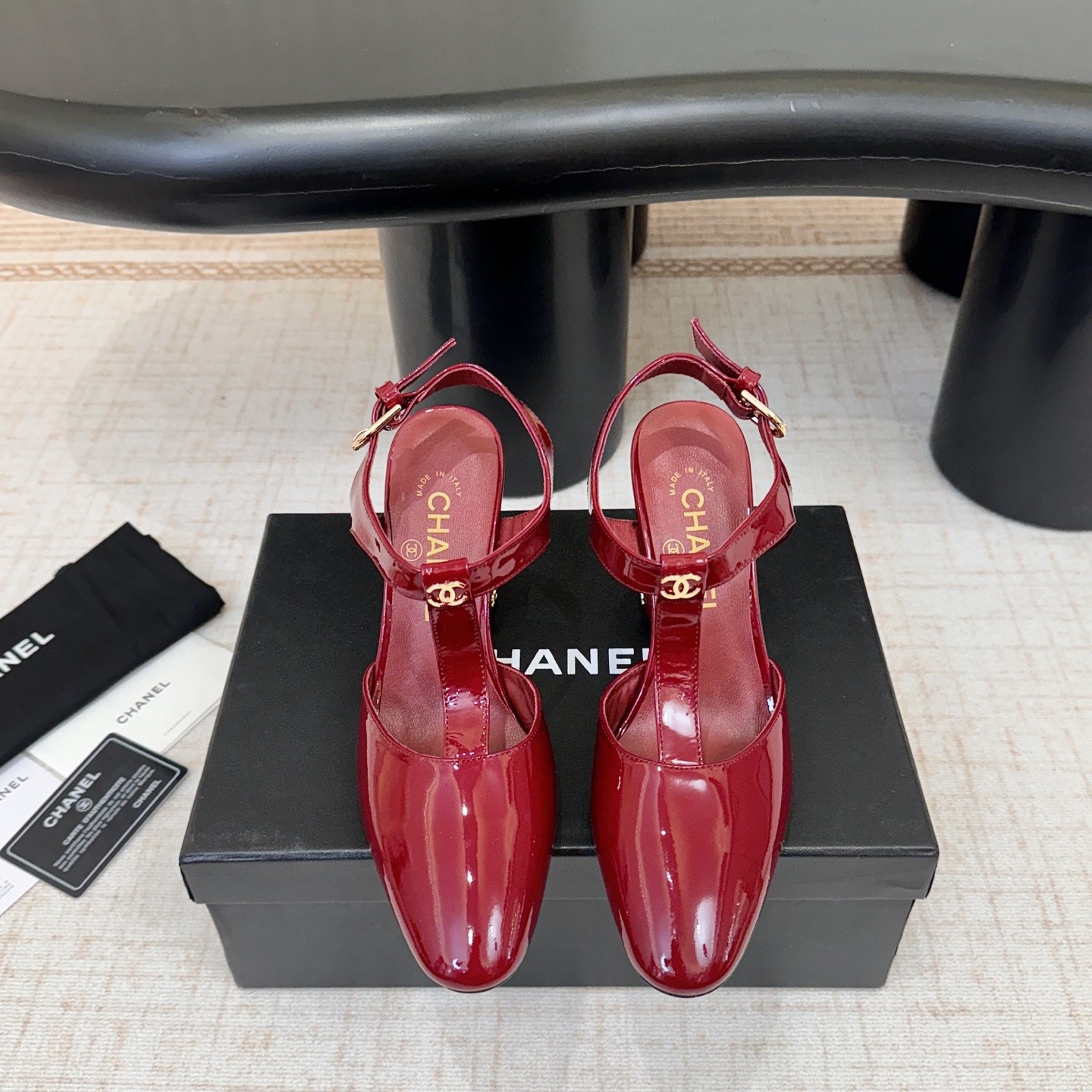 Chanel Square Block Heel Sandals in Patent Calfskin with Lambskin Lining and Italian Leather Sole