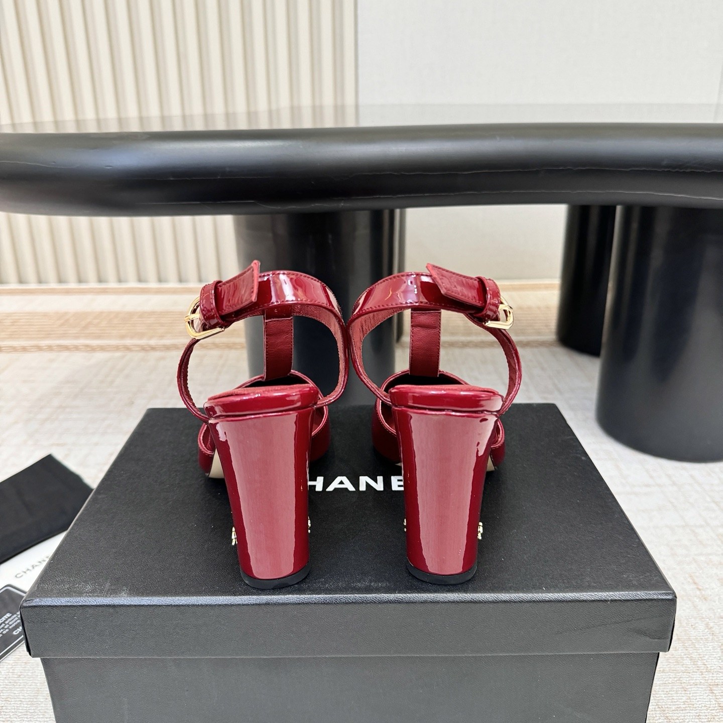 Chanel Square Block Heel Sandals in Patent Calfskin with Lambskin Lining and Italian Leather Sole