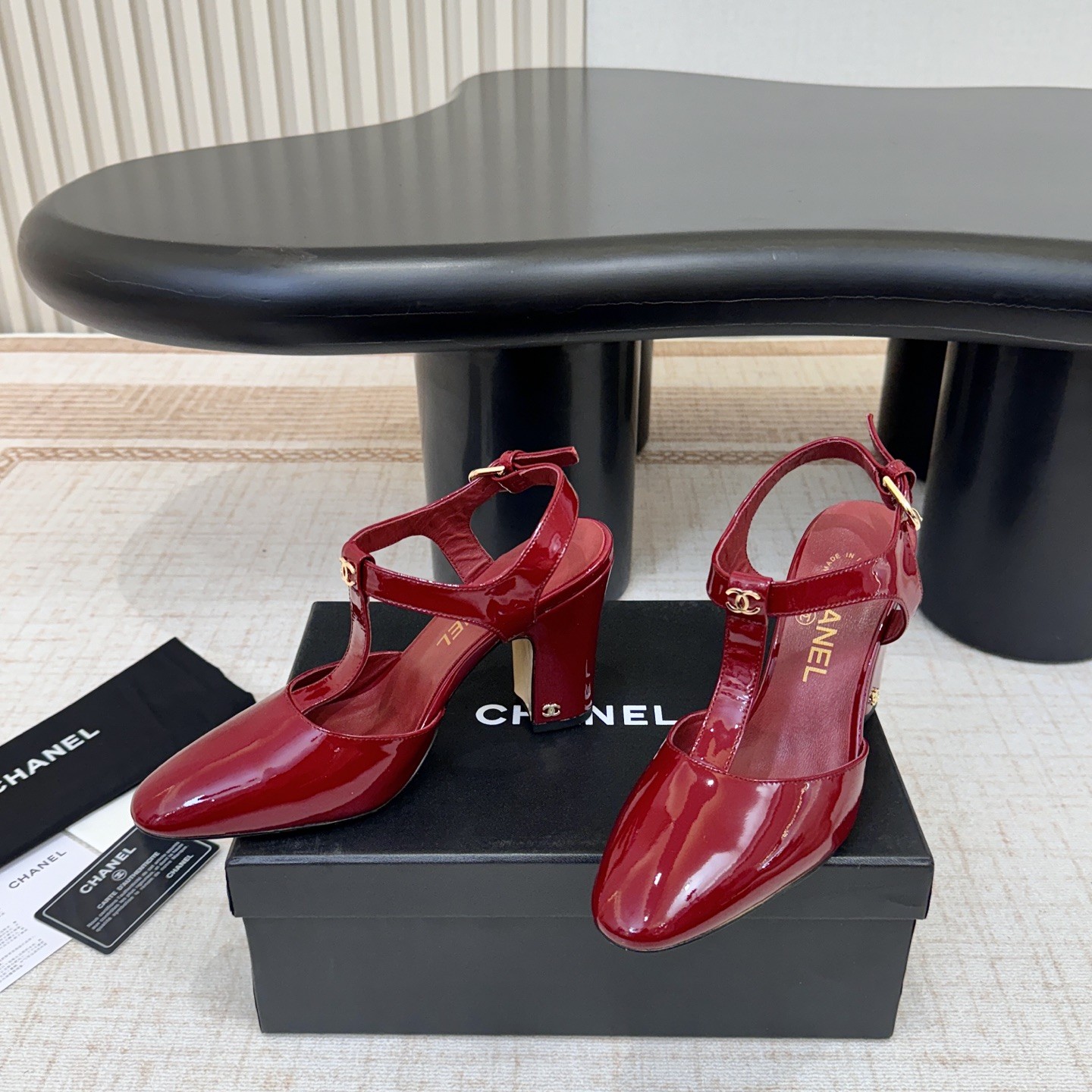 Chanel Square Block Heel Sandals in Patent Calfskin with Lambskin Lining and Italian Leather Sole