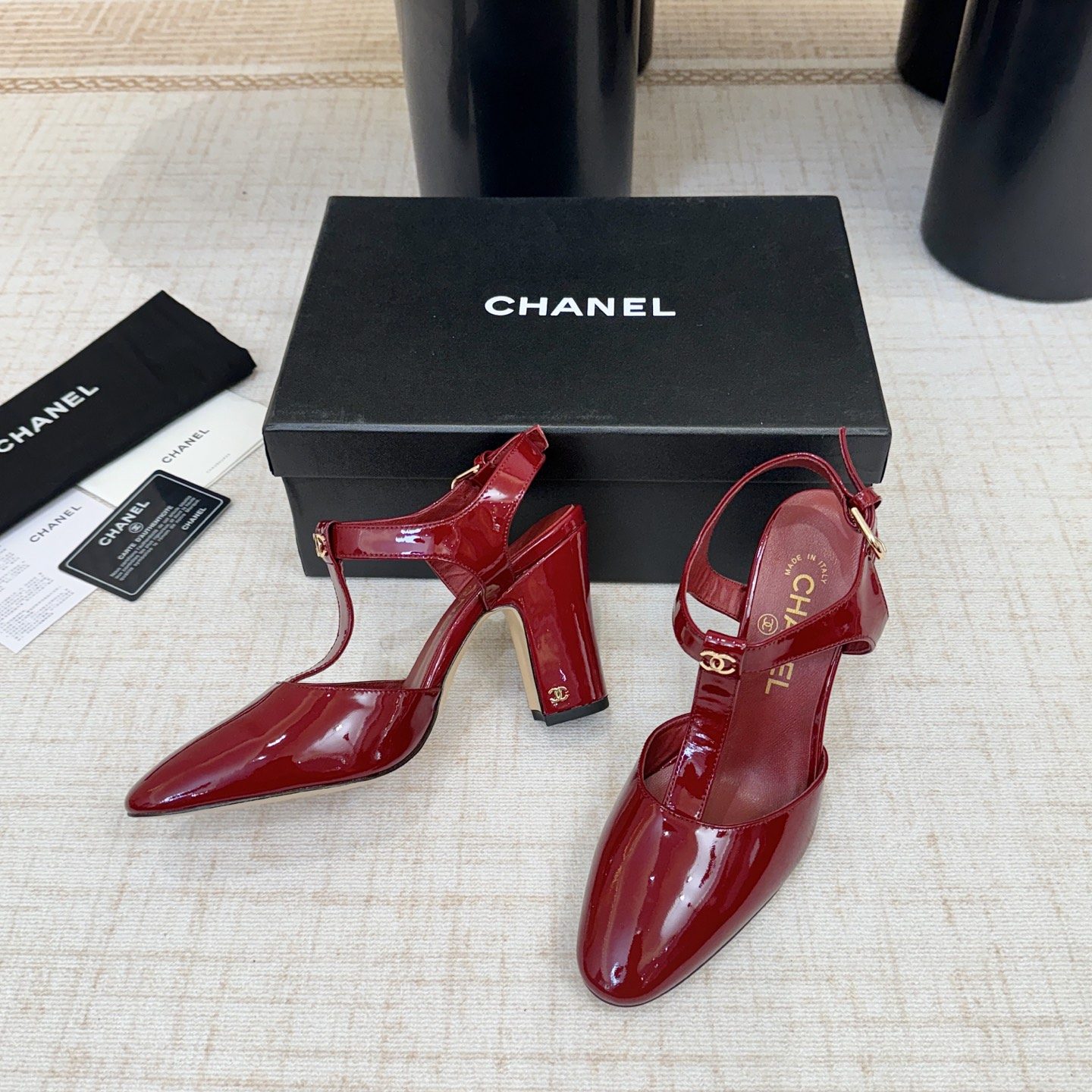 Chanel Square Block Heel Sandals in Patent Calfskin with Lambskin Lining and Italian Leather Sole