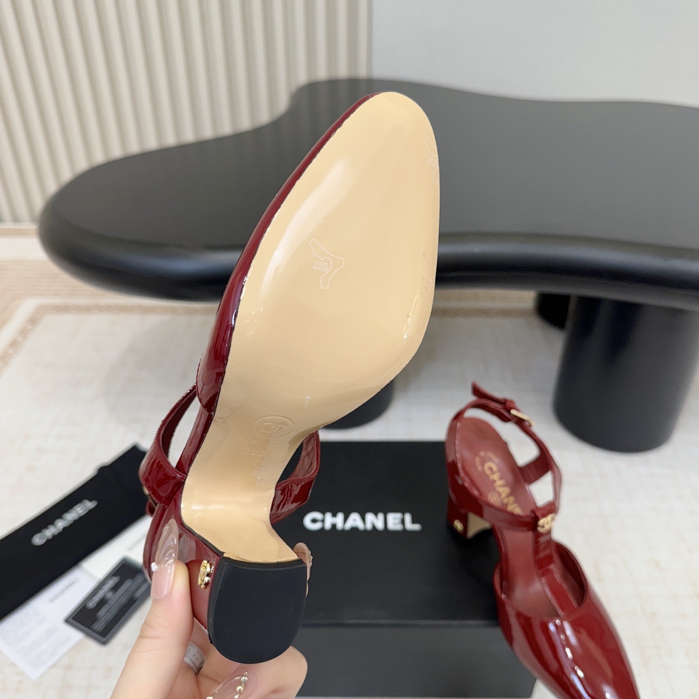 Chanel Square Block Heel Sandals in Patent Calfskin with Lambskin Lining and Italian Leather Sole