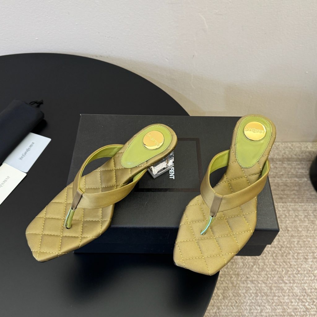 Saint Laurent YSL Logo Square Toe Wedge Peep-toe High Heel Sandals in Silk with Italian Leather Sole