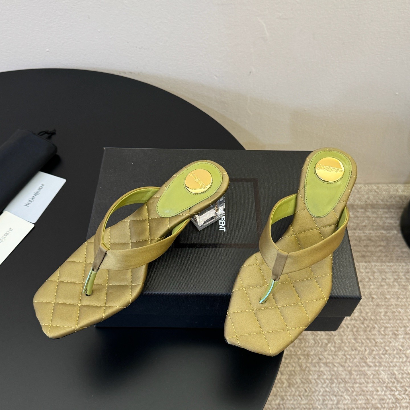 Saint Laurent YSL Logo Square Toe Wedge Peep-toe High Heel Sandals in Silk with Italian Leather Sole