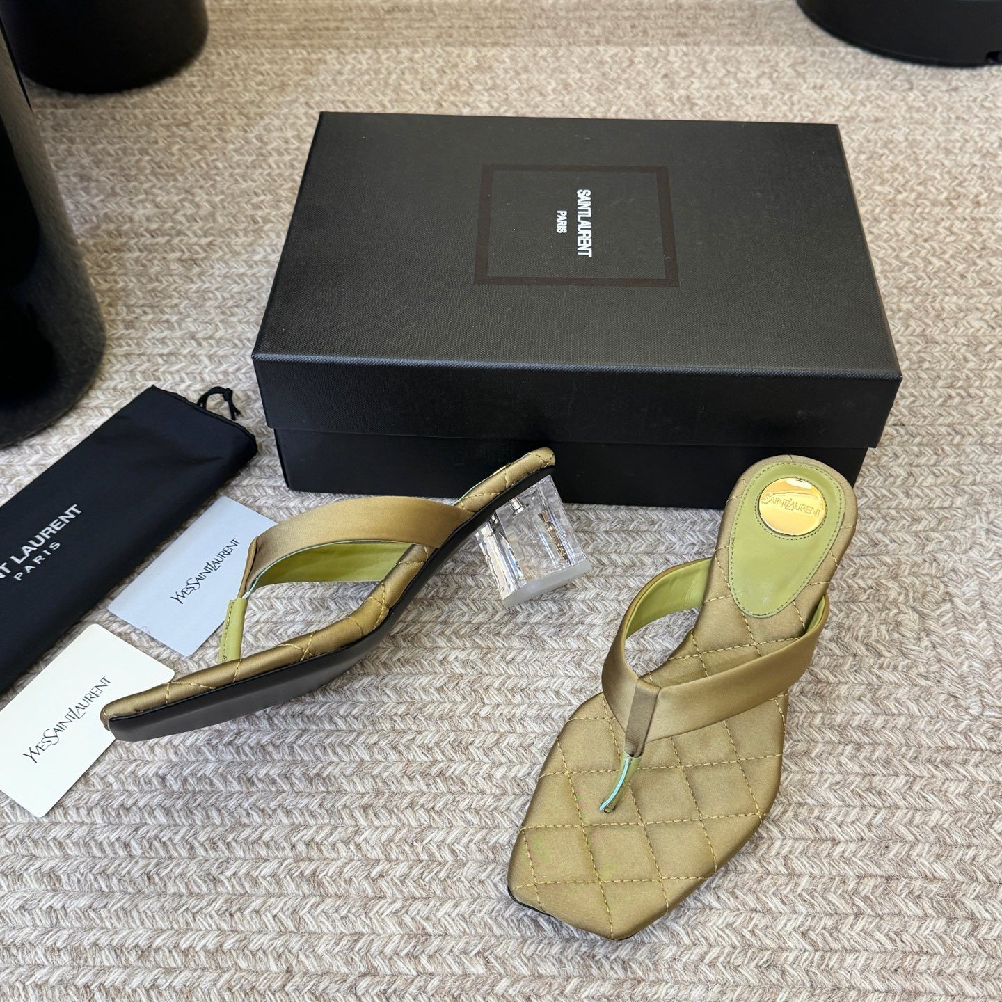 Saint Laurent YSL Logo Square Toe Wedge Peep-toe High Heel Sandals in Silk with Italian Leather Sole