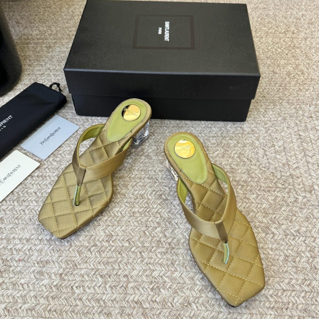 Saint Laurent YSL Logo Square Toe Wedge Peep-toe High Heel Sandals in Silk with Italian Leather Sole