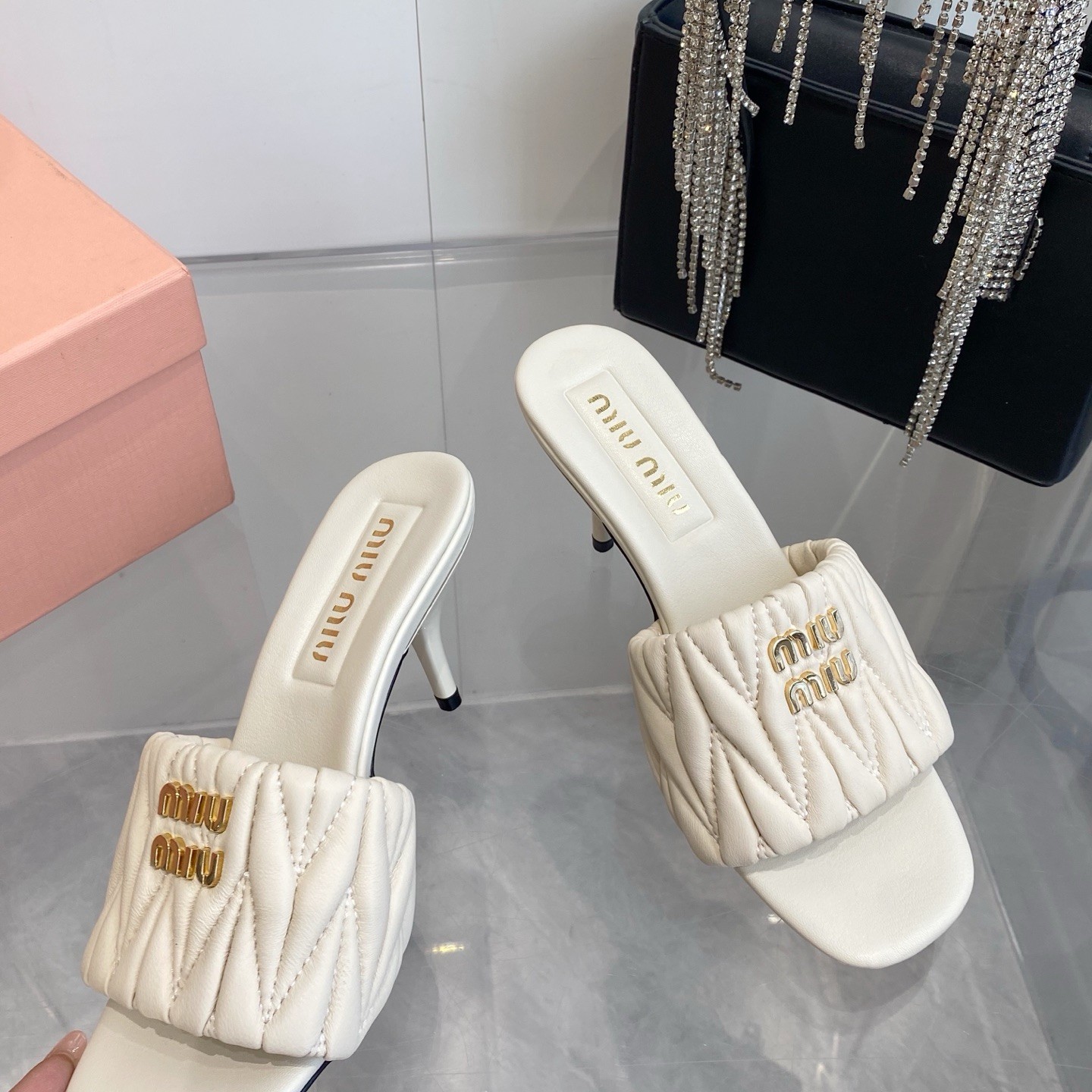 Miu Miu Quilted Flat Sandals in Lambskin with Metal Logo