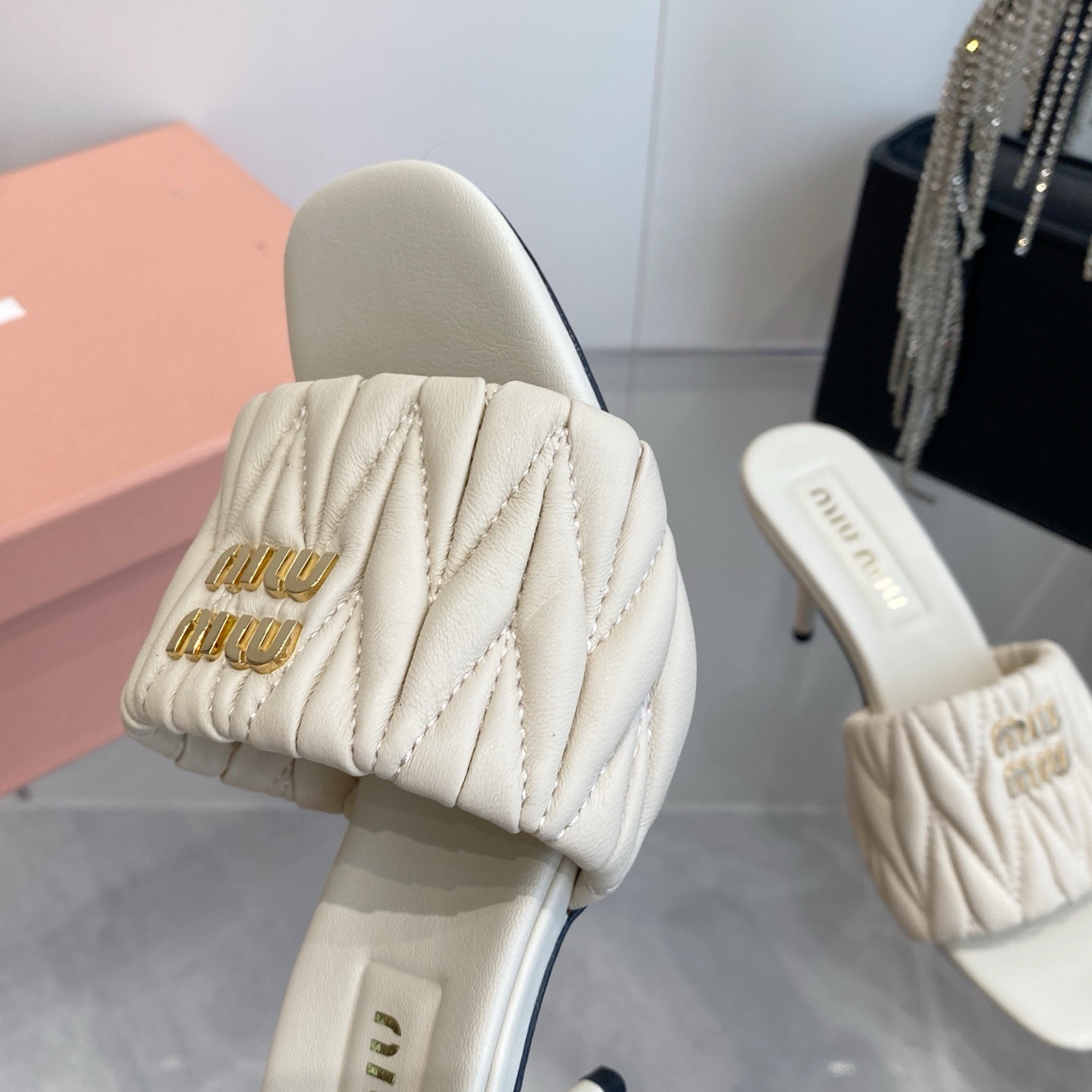 Miu Miu Quilted Flat Sandals in Lambskin with Metal Logo