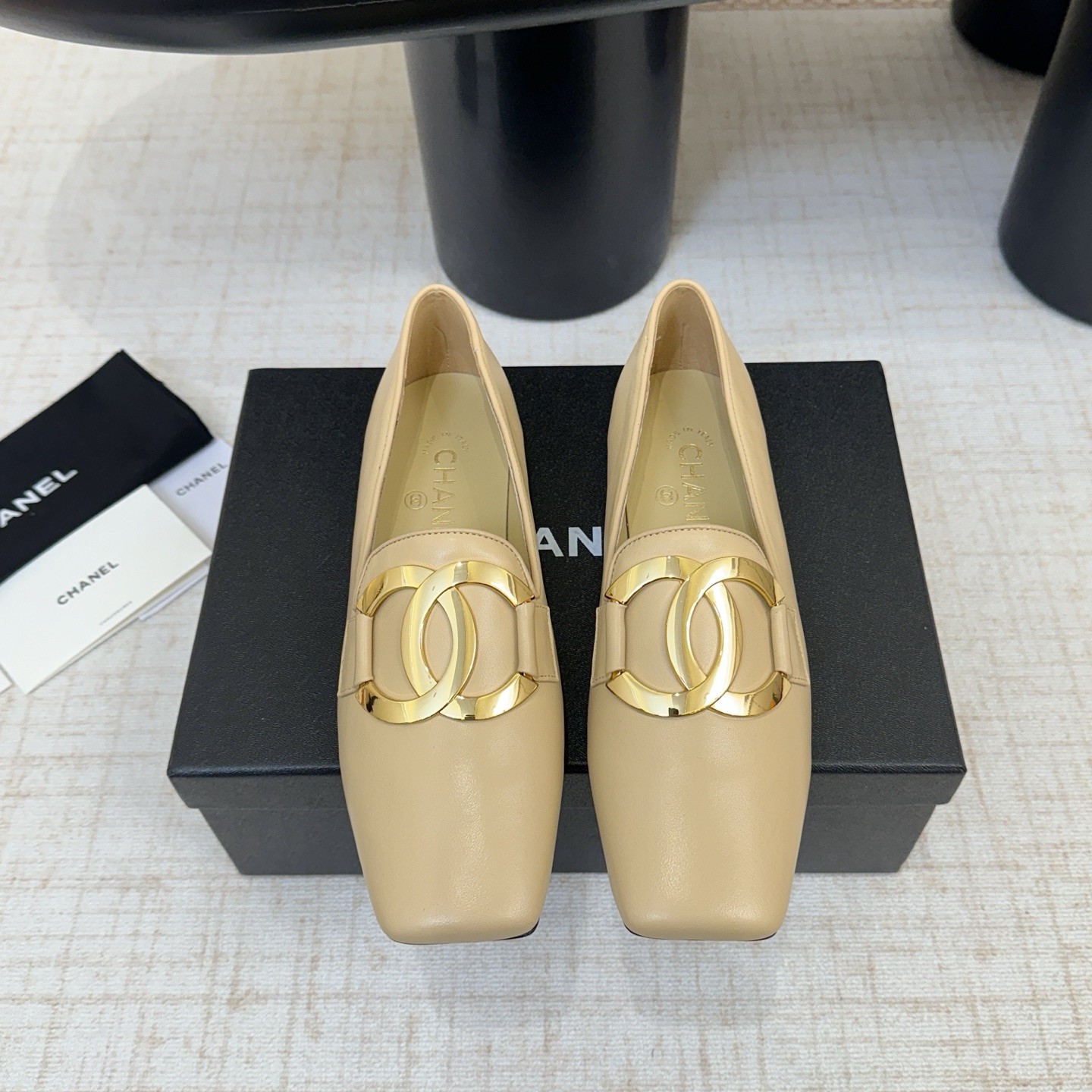 CHANEL Double C Metal Buckle Flat Single Shoes in Lambskin Patent with Italian Leather Sole