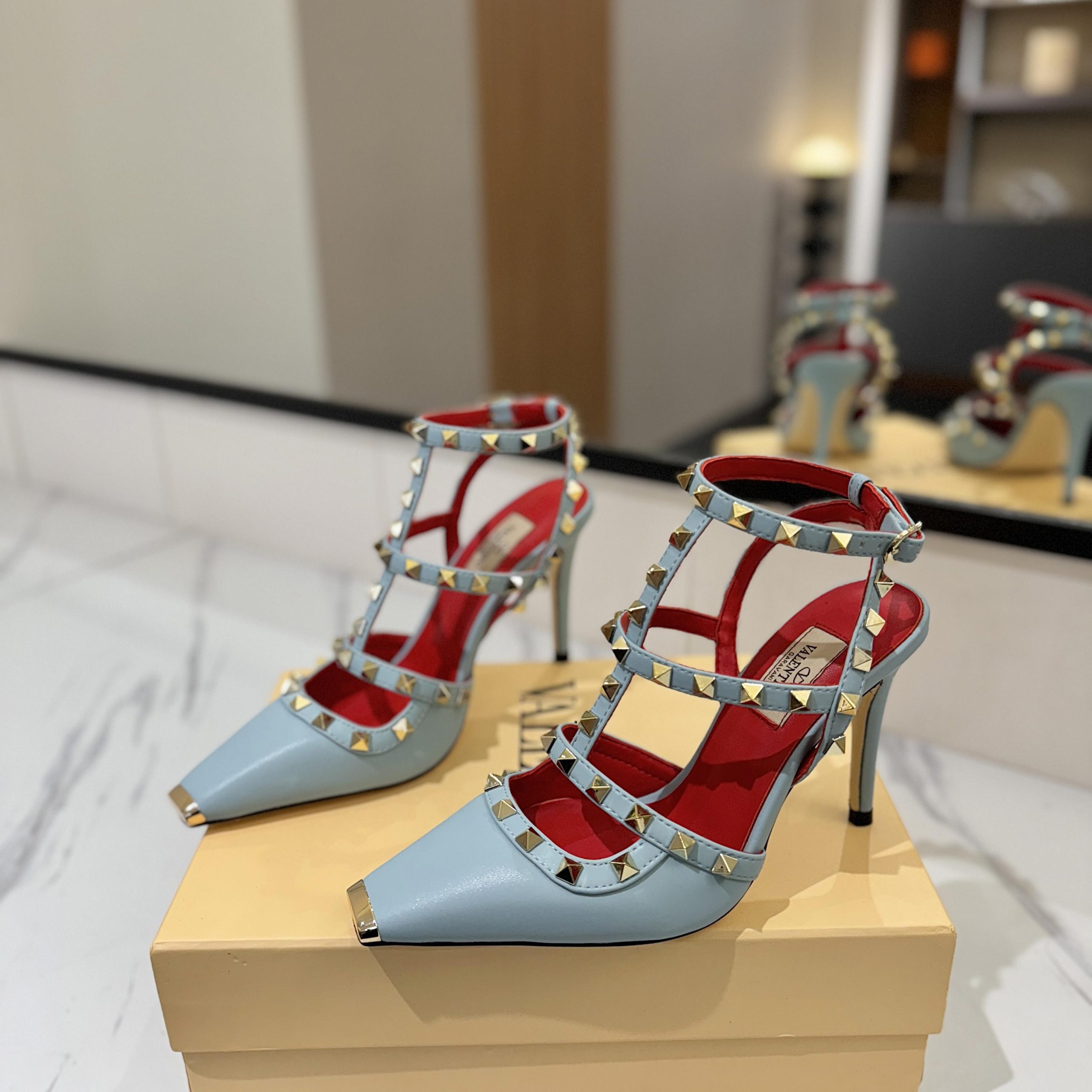 Valentino Rockstud Ankle-strap Rivet Sandals in Calfskin with Goatskin Lining