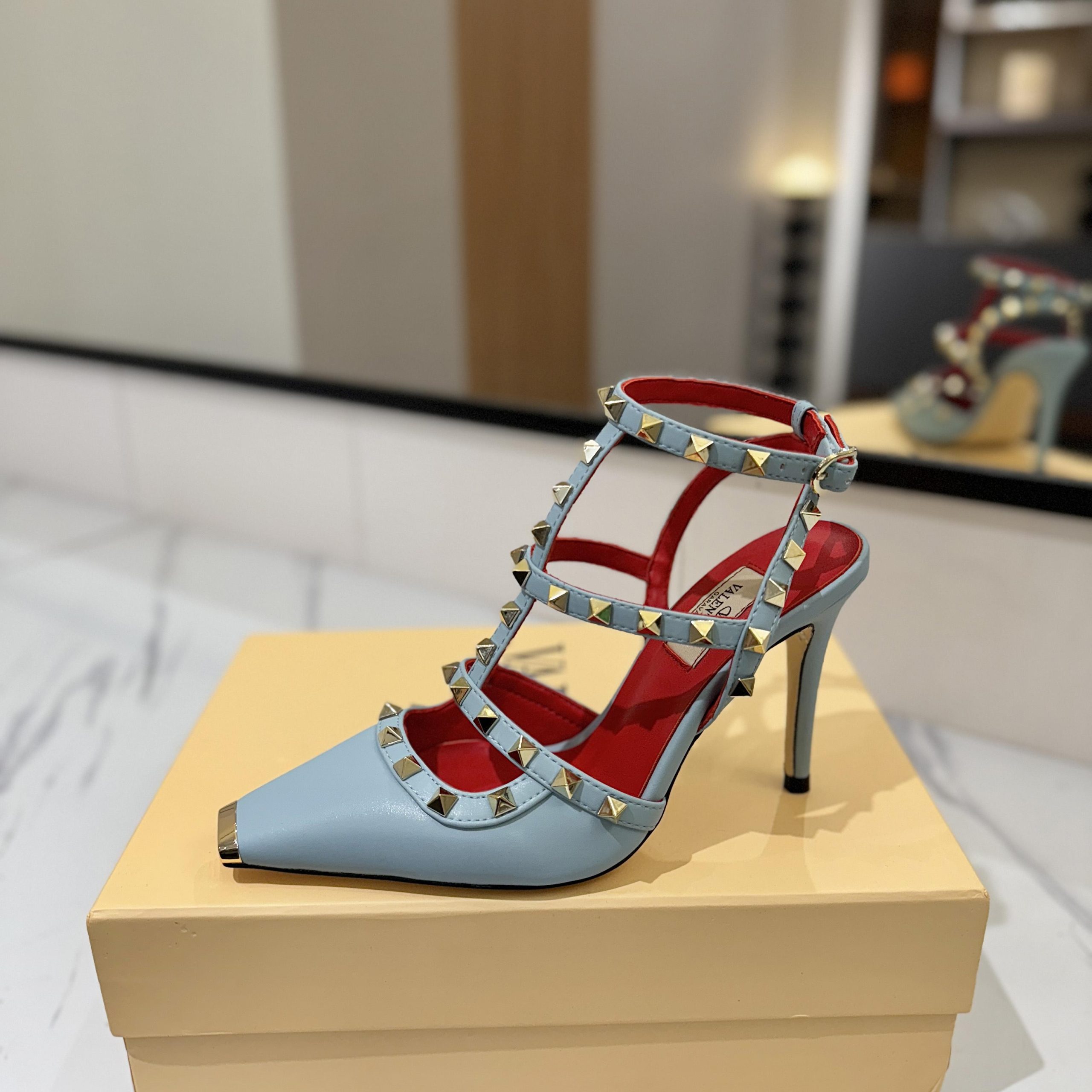 Valentino Rockstud Ankle-strap Rivet Sandals in Calfskin with Goatskin Lining