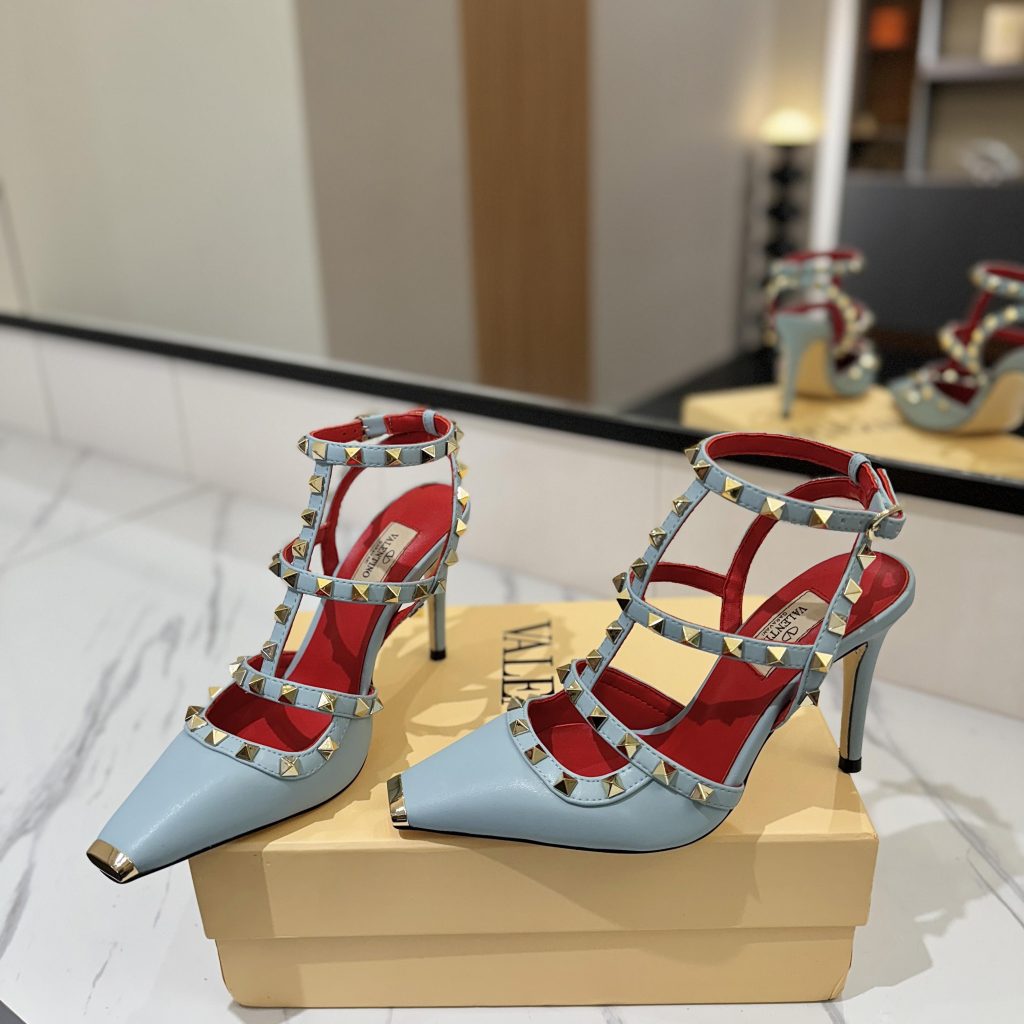 Valentino Rockstud Ankle-strap Rivet Sandals in Calfskin with Goatskin Lining