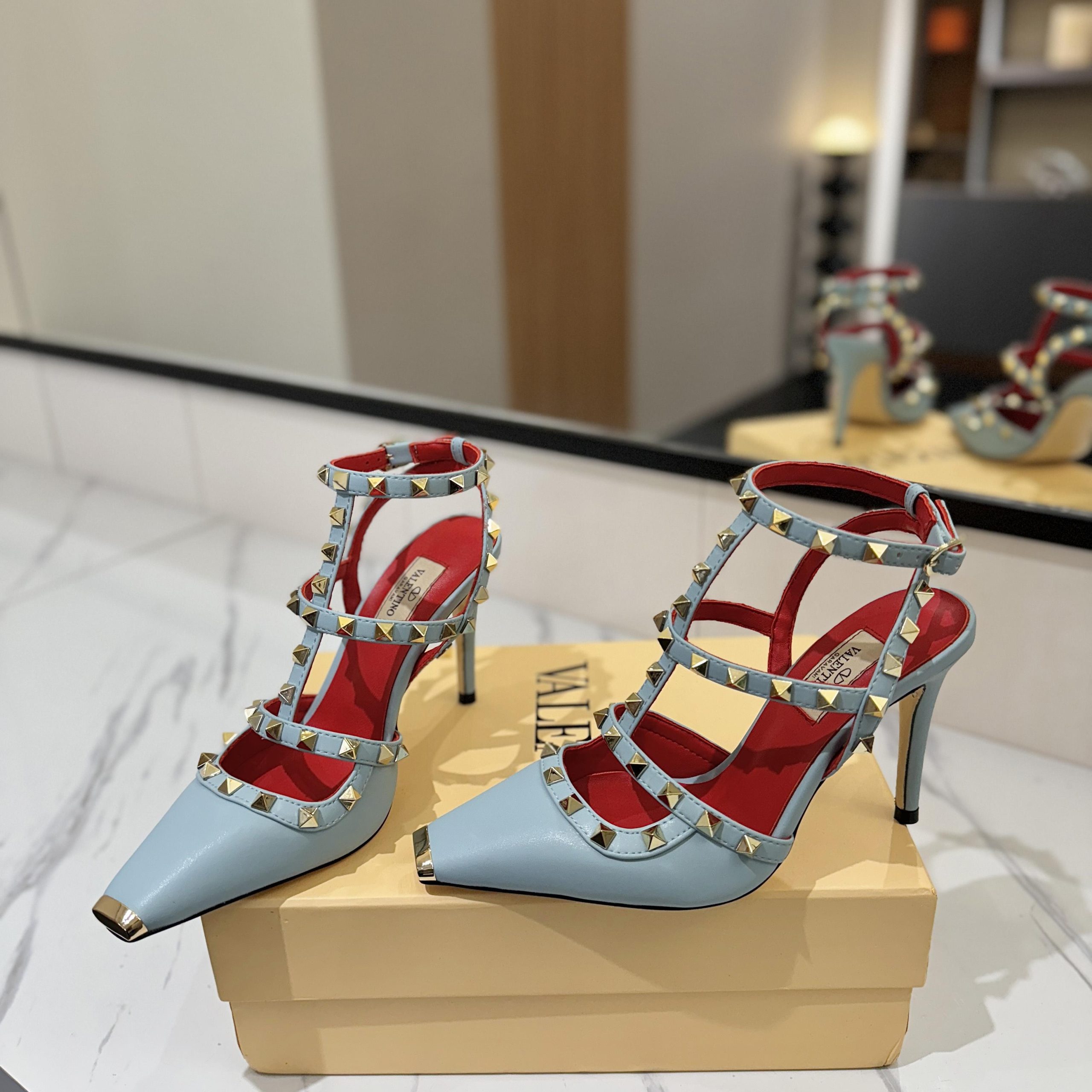 Valentino Rockstud Ankle-strap Rivet Sandals in Calfskin with Goatskin Lining